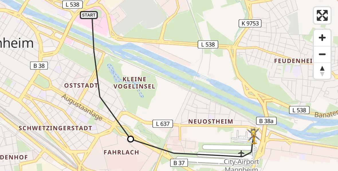 Flugroute Rettungshubschrauber Mannheim - Mannheim-City Flughafen, 28 Juli 2026, 13:25