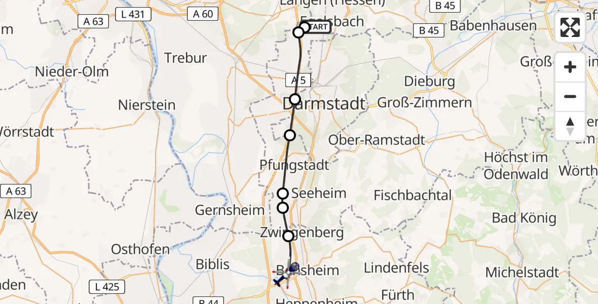 Flugroute Polizeihubschrauber Flughafen Frankfurt-Egelsbach - Bensheim, 28 Juli 2026, 13:25