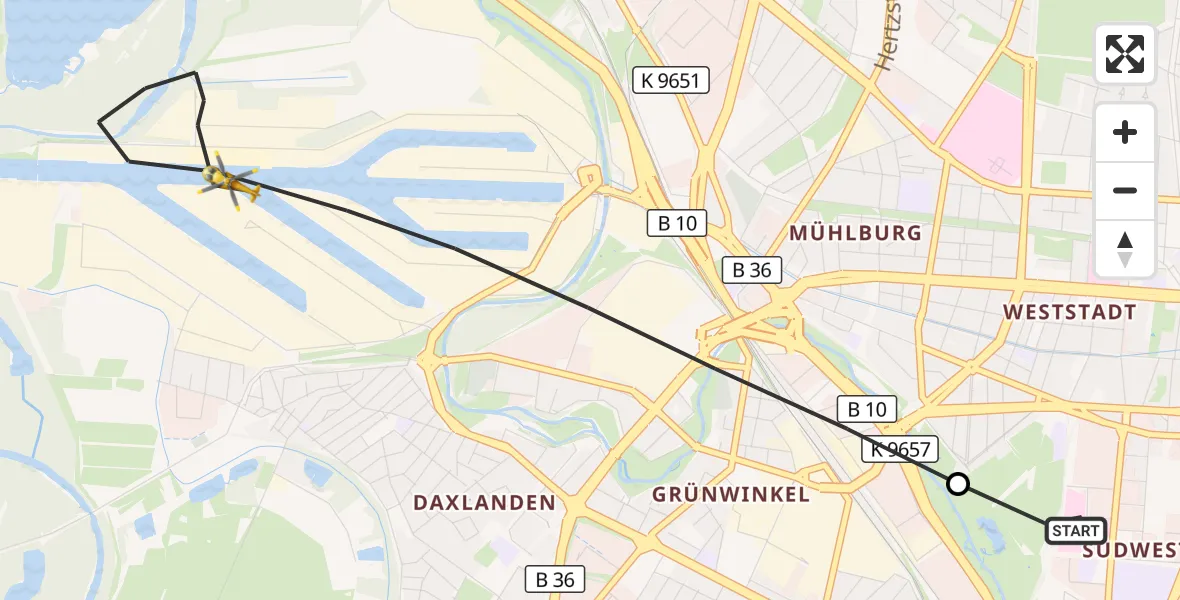 Flugroute Ambulanzhubschrauber Sankt Vincentius Hospital - Karlsruhe, 28 Juli 2026, 13:28