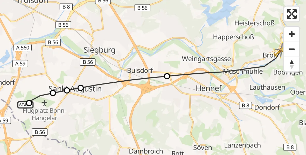 Flugroute Rettungshubschrauber Sankt Augustin - Hennef (Sieg), 28 Juli 2026, 13:29