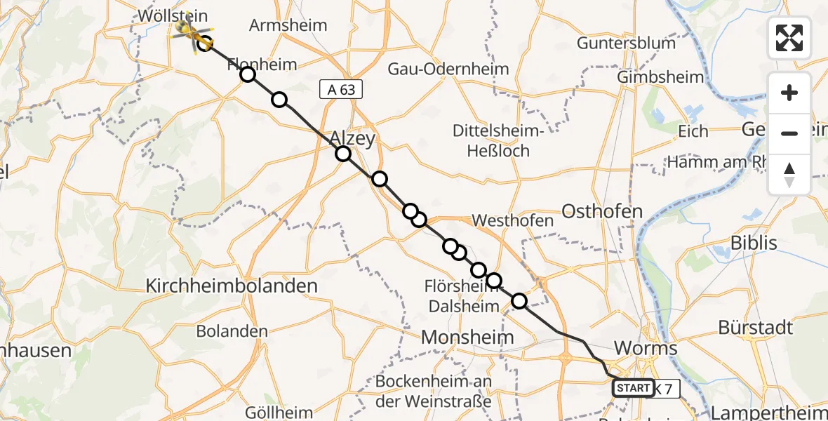 Flugroute Ambulanzhubschrauber Worms - Siefersheim, 28 Juli 2026, 13:29
