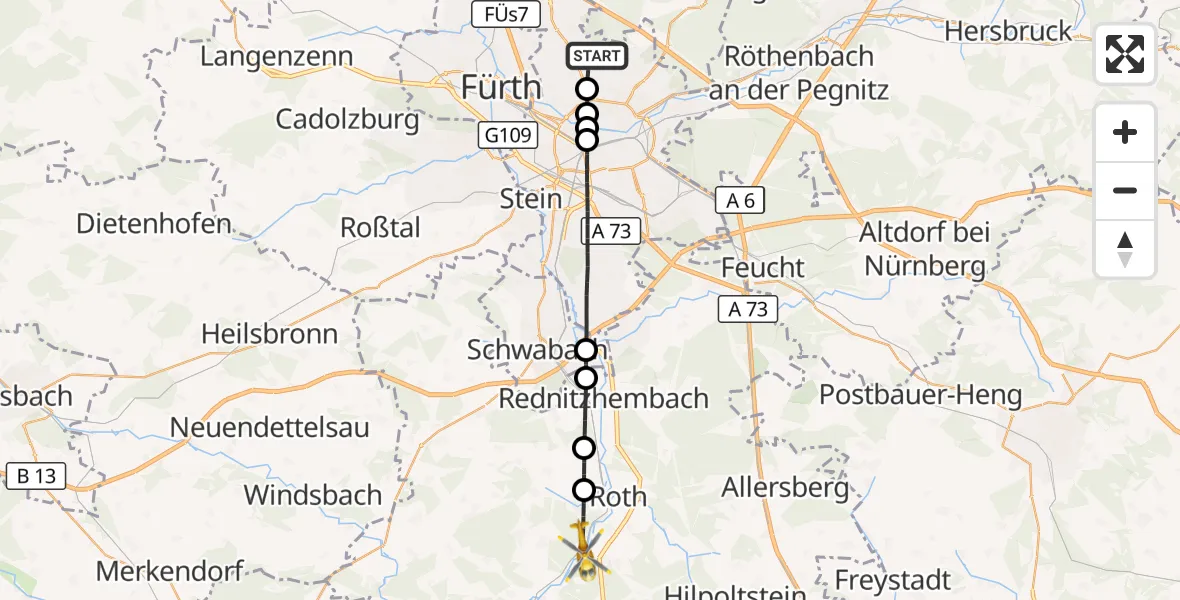 Flugroute Ambulanzhubschrauber Flughafen Nuremberg - Roth, 28 Juli 2026, 13:33