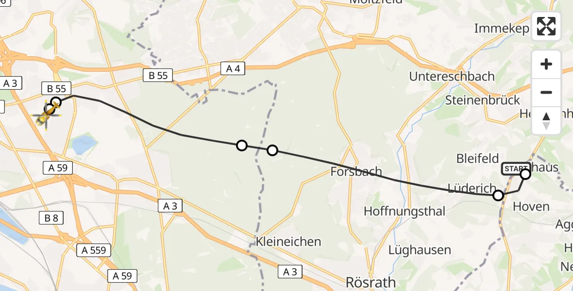 Flugroute Rettungshubschrauber Rösrath - Merheim Hospital, 28 Juli 2026, 13:34