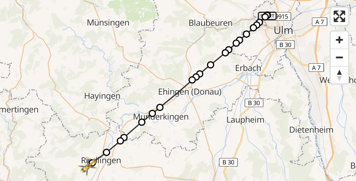 Flugroute Rettungshubschrauber Ulm Military Hospital Emergency - Altheim, 28 Juli 2026, 13:34