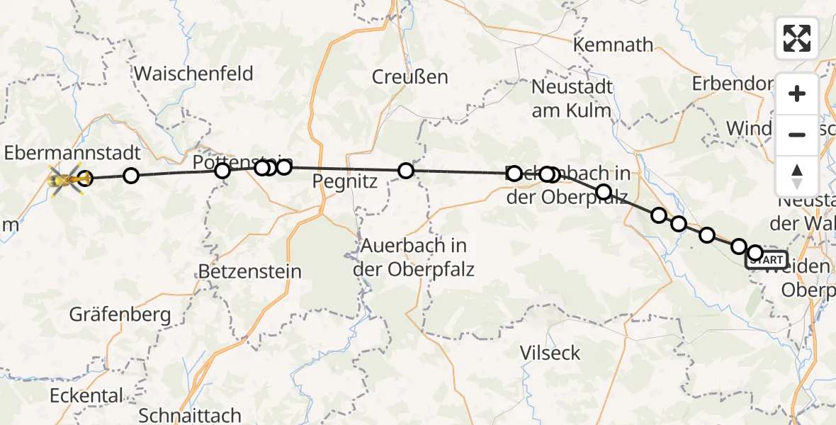 Flugroute Ambulanzhubschrauber Weiden i.d.OPf. - Pretzfeld, 28 Juli 2026, 13:37