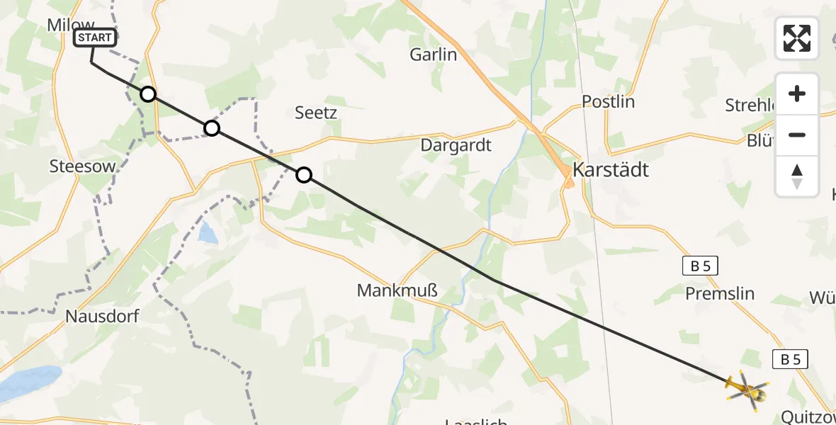 Flugroute Rettungshubschrauber Milow - Perleberg, 28 Juli 2026, 13:42