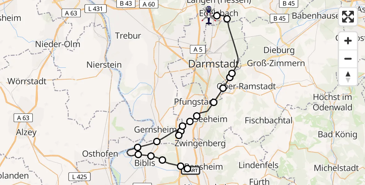 Flugroute Polizeihubschrauber Bensheim - Flughafen Frankfurt-Egelsbach, 28 Juli 2026, 13:43
