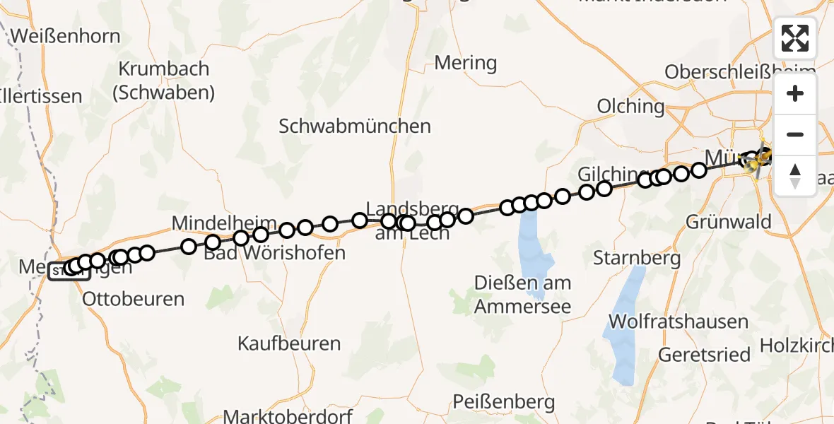 Flugroute Rettungshubschrauber Memmingen Hospital - Rechts der Isar University Hospital, 28 Juli 2026, 13:44
