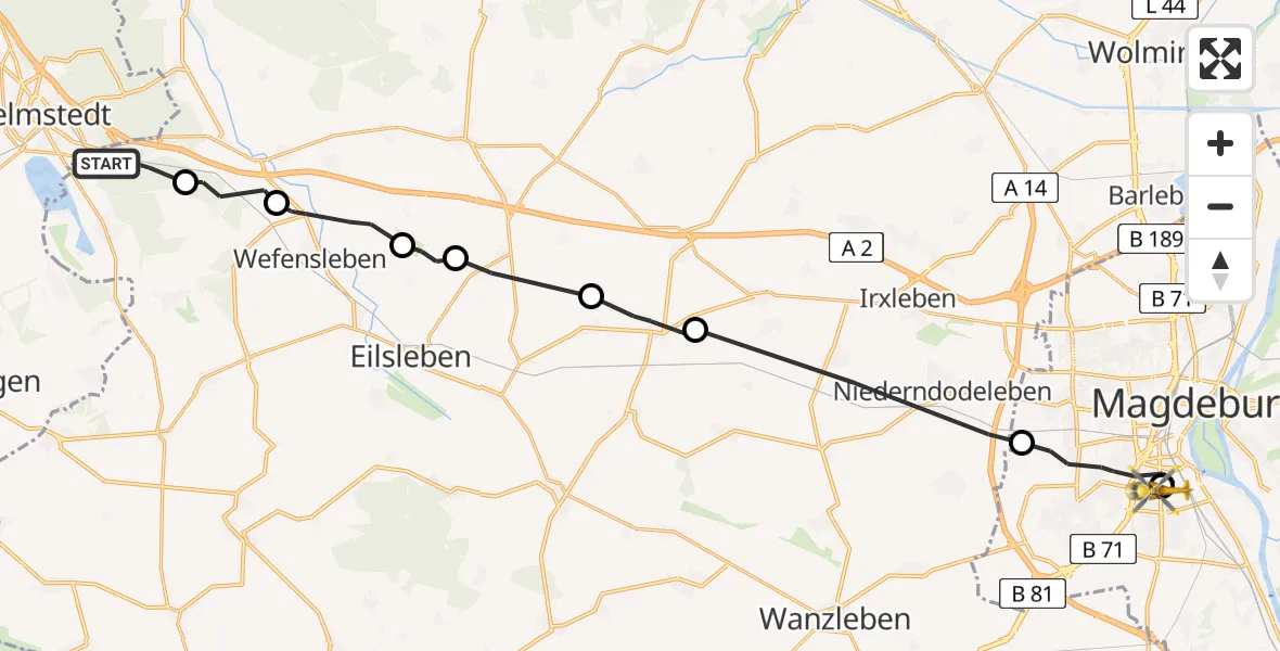Flugroute Rettungshubschrauber Harbke - Magdeburg University Hospital, 28 Juli 2026, 13:57