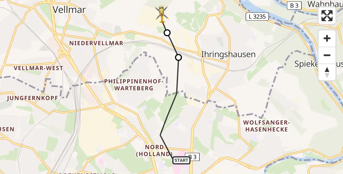 Flugroute Rettungshubschrauber Kassel - Fuldatal Bundespolizei Hubschrauberlandeplatz, 28 Juli 2026, 14:06