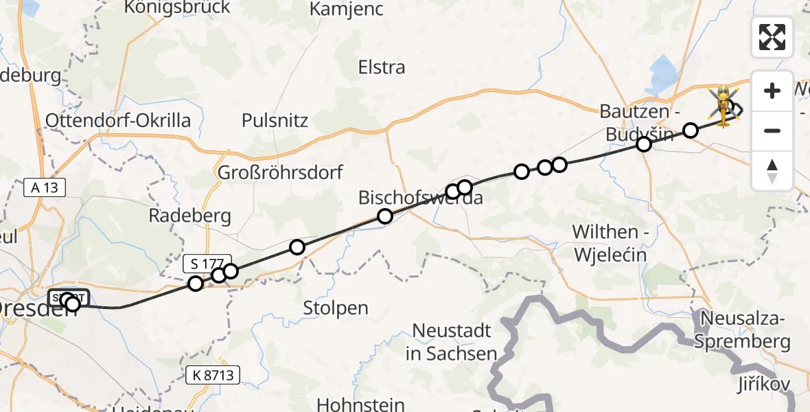 Flugroute Rettungshubschrauber Dresden University Hospital - Bautzen Flugplatz, 28 Juli 2026, 14:08