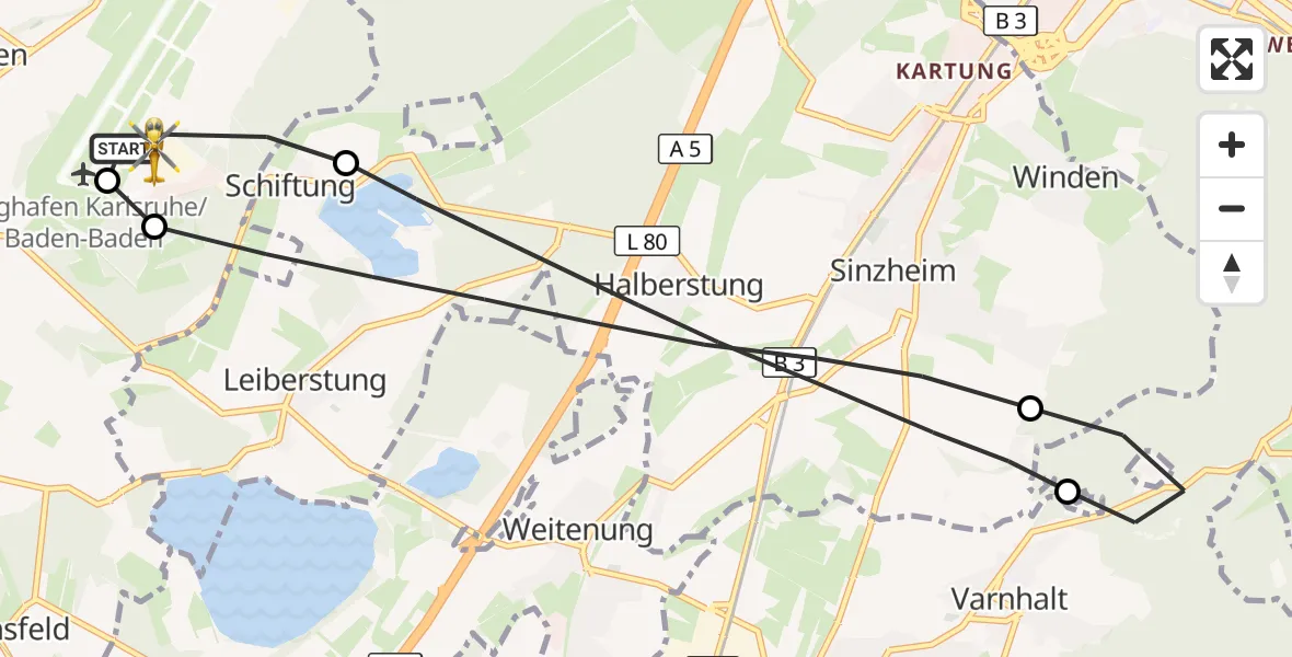 Flugroute Rettungshubschrauber Karlsruhe Baden-Baden Flughafen - Karlsruhe Baden-Baden Flughafen, 28 Juli 2026, 14:11