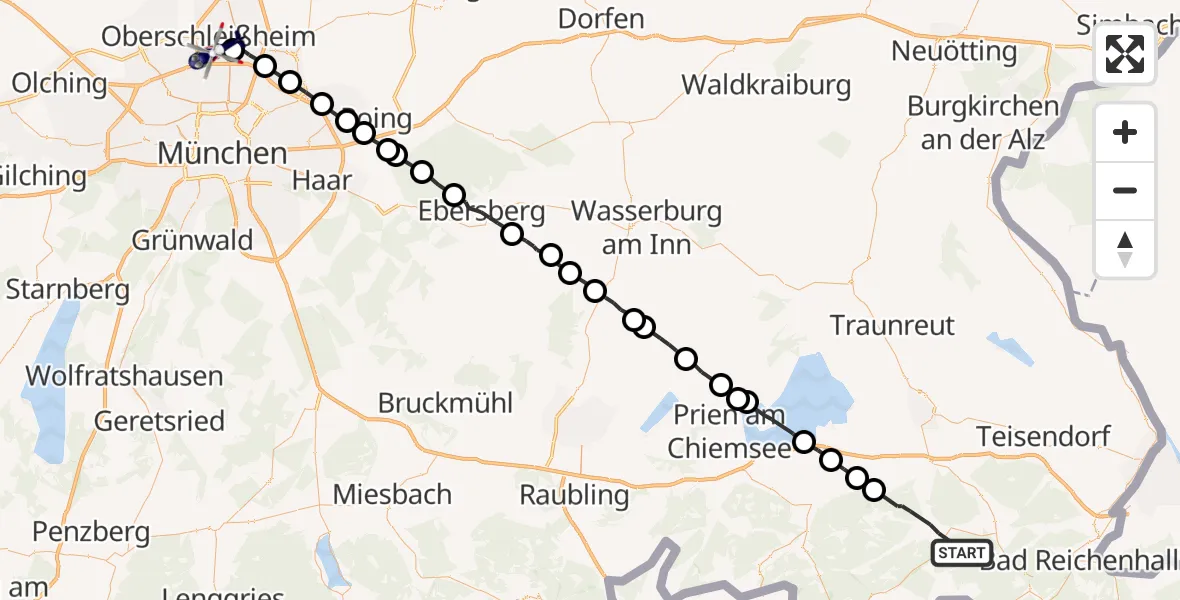 Flugroute Polizeihubschrauber Ruhpolding - Oberschleissheim Hubschrauberlandeplatz, 28 Juli 2026, 14:12