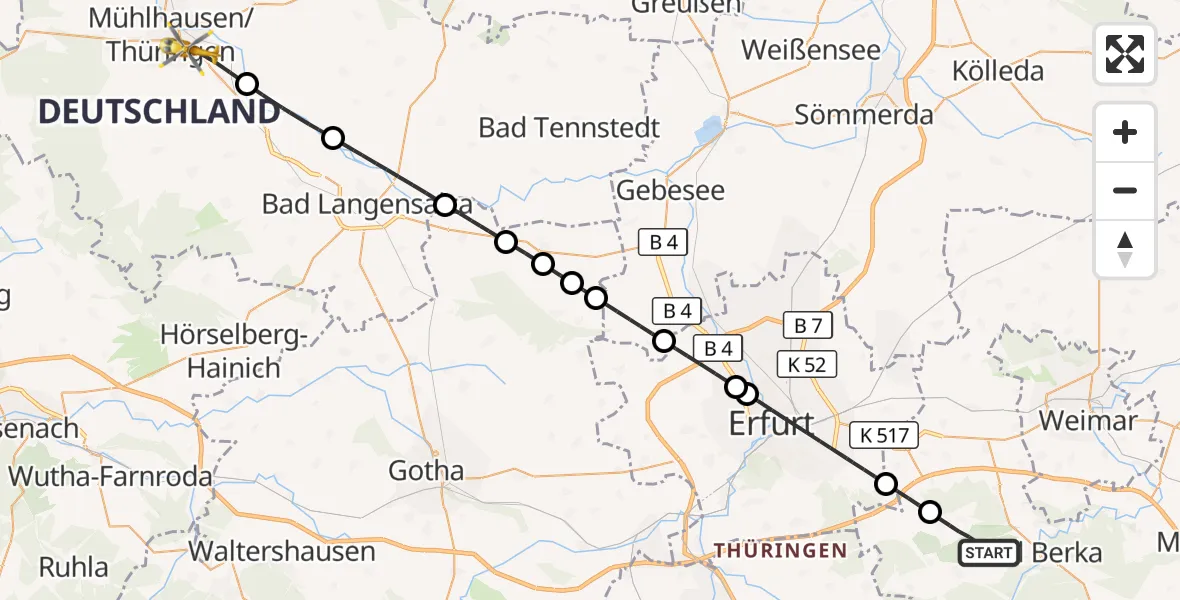 Flugroute Ambulanzhubschrauber Bad Berka - Mühlhausen/Thüringen, 28 Juli 2026, 14:13