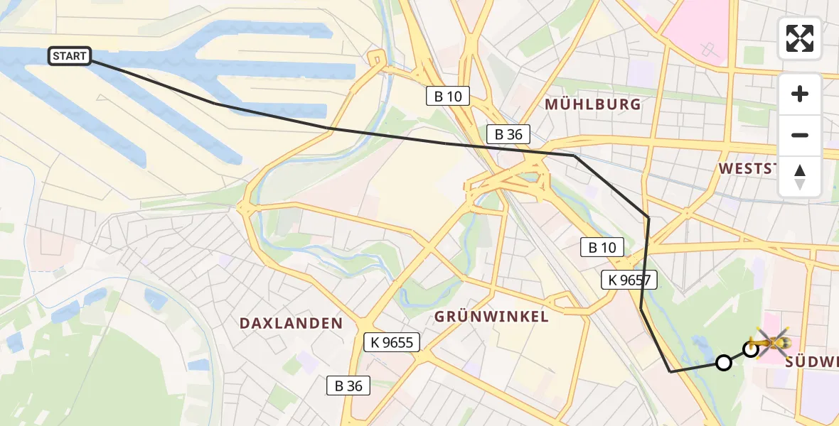 Flugroute Ambulanzhubschrauber Karlsruhe - Sankt Vincentius Hospital, 28 Juli 2026, 14:14