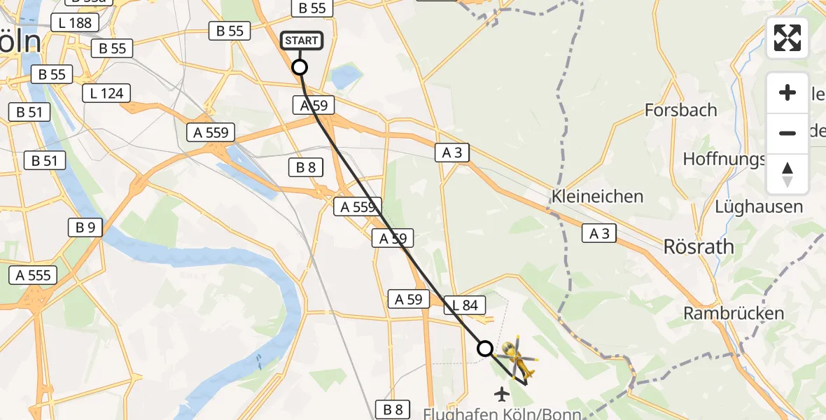 Flugroute Rettungshubschrauber Merheim Hospital - Köln Bonn Flughafen, 28 Juli 2026, 14:20