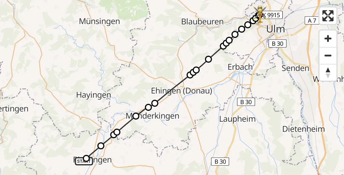 Flugroute Rettungshubschrauber Altheim - Ulm Military Hospital Emergency, 28 Juli 2026, 14:23