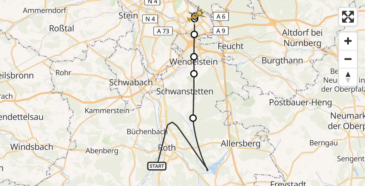 Flugroute Ambulanzhubschrauber Roth - Nürnberg South Hospital, 28 Juli 2026, 14:24