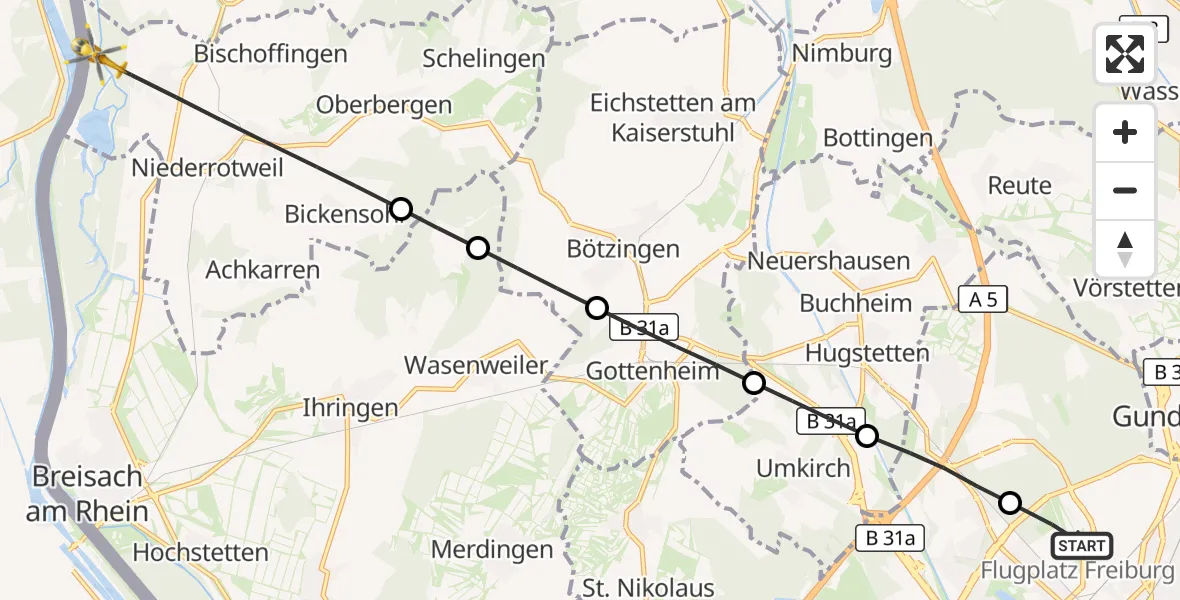 Flugroute Ambulanzhubschrauber Freiburg im Breisgau Flugplatz - Vogtsburg im Kaiserstuhl, 28 Juli 2026, 14:29