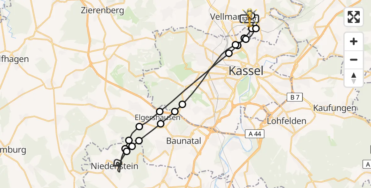 Flugroute Rettungshubschrauber Fuldatal Bundespolizei Hubschrauberlandeplatz - Fuldatal Bundespolizei Hubschrauberlandeplatz, 28 Juli 2026, 14:30