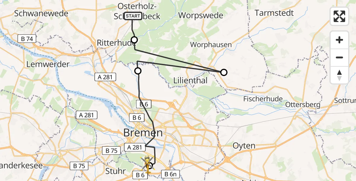 Flugroute Rettungshubschrauber Osterholz-Scharmbeck - ADAC Air Rescue Station Bremen Hubschrauberlandeplatz (Christoph 6), 28 Juli 2026, 14:30
