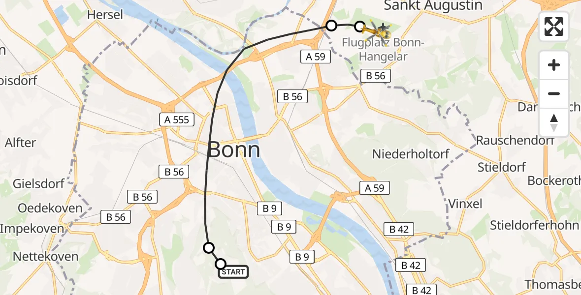 Flugroute Rettungshubschrauber Bonn University Hospital - Bonn-Hangelar Flugplatz, 28 Juli 2026, 14:33