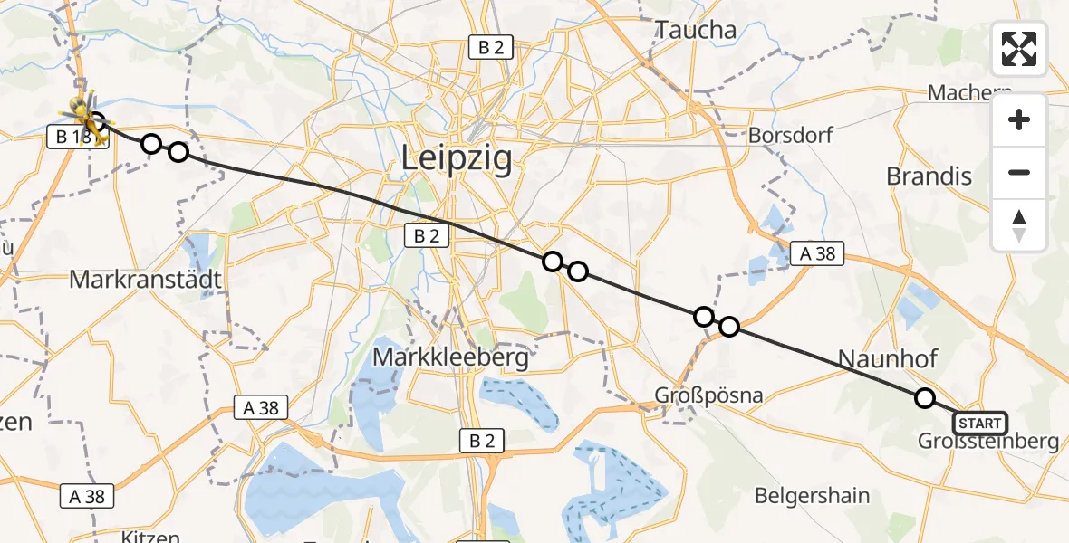 Flugroute Rettungshubschrauber Parthenstein - ADAC Air Rescue Station Leipzig/Schkeuditz-Dölzig Hubschrauberlandeplatz (Christoph 61), 28 Juli 2026, 14:33
