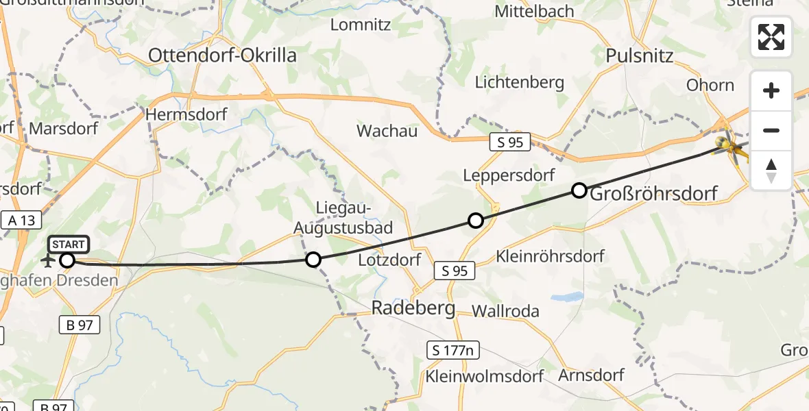 Flugroute Rettungshubschrauber Dresden Bundespolizei Hubschrauberlandeplatz - Großröhrsdorf, 28 Juli 2026, 14:34