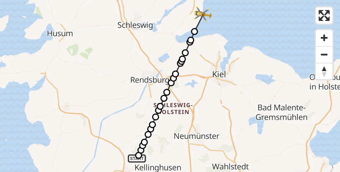 Flugroute Rettungshubschrauber Itzehoe Hungriger Wolf Flugplatz - Waabs, 28 Juli 2026, 14:40