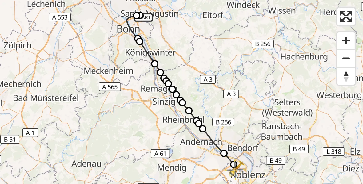 Flugroute Rettungshubschrauber Bonn-Hangelar Flugplatz - Koblenz, 28 Juli 2026, 14:40