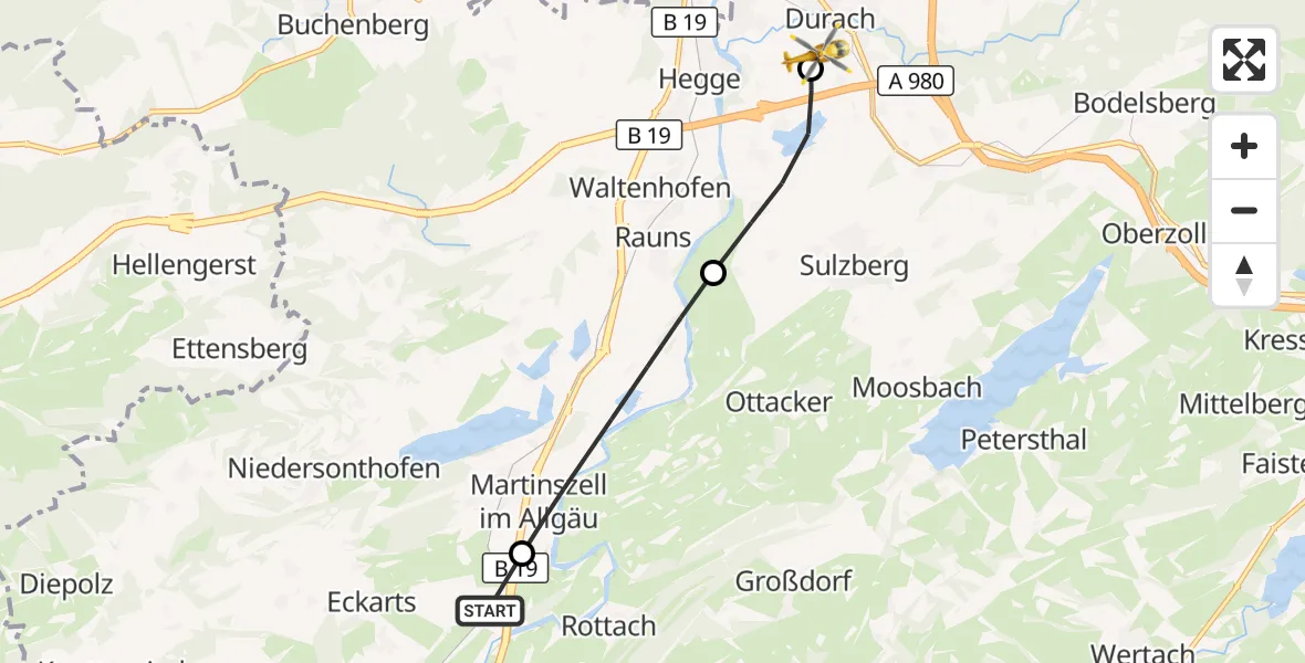 Flugroute Rettungshubschrauber Immenstadt i.Allgäu - Kempten-Durach Flugplatz, 28 Juli 2026, 14:45