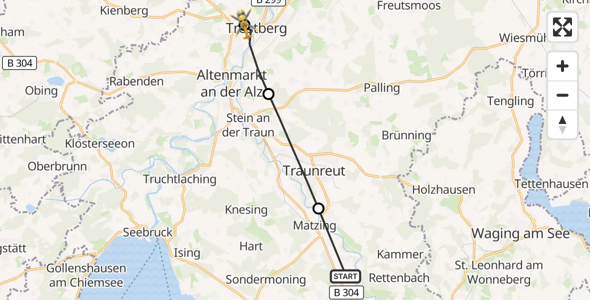 Flugroute Rettungshubschrauber Nußdorf - Trostberg Hospital, 28 Juli 2026, 14:45