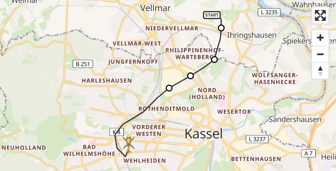 Flugroute Rettungshubschrauber Fuldatal Bundespolizei Hubschrauberlandeplatz - Kassel, 28 Juli 2026, 14:54