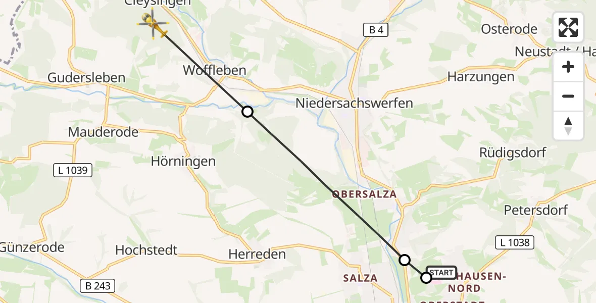 Flugroute Rettungshubschrauber Südharz Hospital Nordhausen - Ellrich, 28 Juli 2026, 14:57