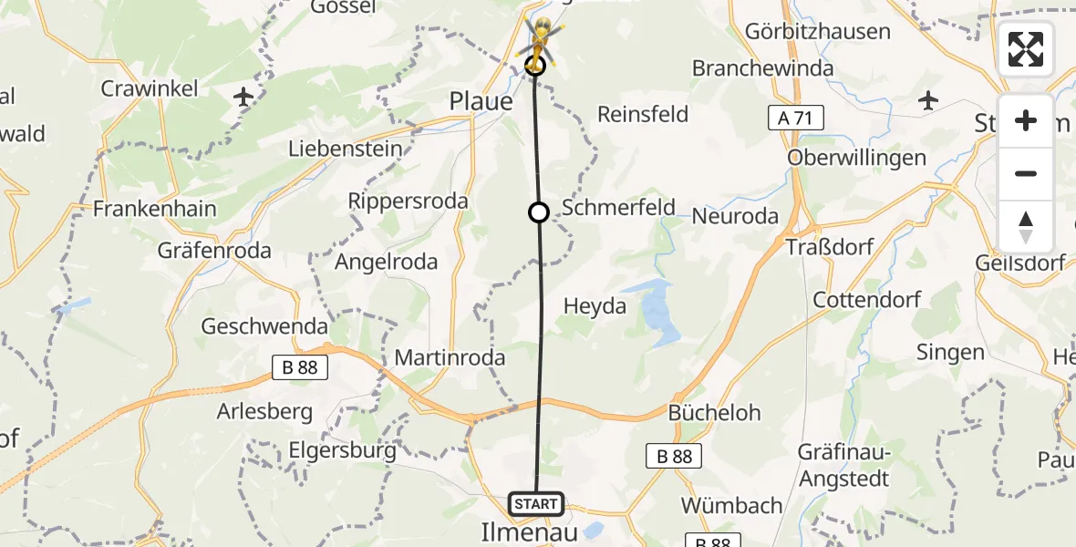 Flugroute Rettungshubschrauber Ilmenau - Arnstadt, 28 Juli 2026, 14:59