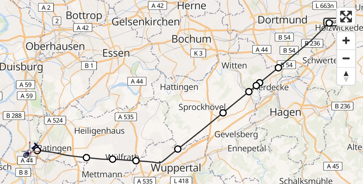 Flugroute Polizeihubschrauber Dortmund Flughafen - Düsseldorf Flughafen, 28 Juli 2026, 15:00