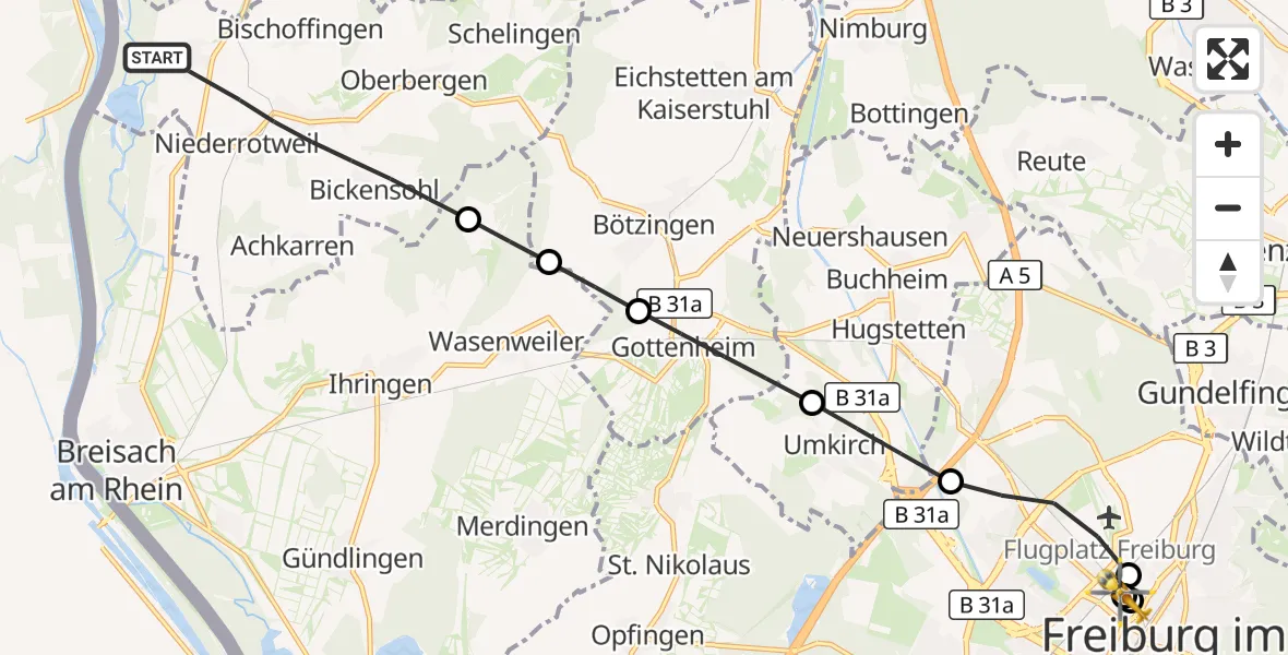 Flugroute Ambulanzhubschrauber Vogtsburg im Kaiserstuhl - Freiburg University Hospital Heliport 1, 28 Juli 2026, 15:03