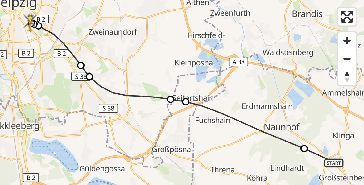 Flugroute Rettungshubschrauber Parthenstein - Leipzig University Hospital Heliport 1, 28 Juli 2026, 15:03