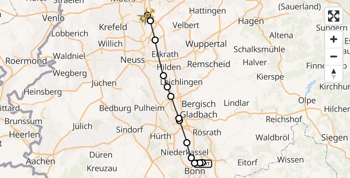 Flugroute Rettungshubschrauber Bonn-Hangelar Flugplatz - Duisburg Air Rescue Hubschrauberlandeplatz (Christoph 9), 28 Juli 2026, 15:04