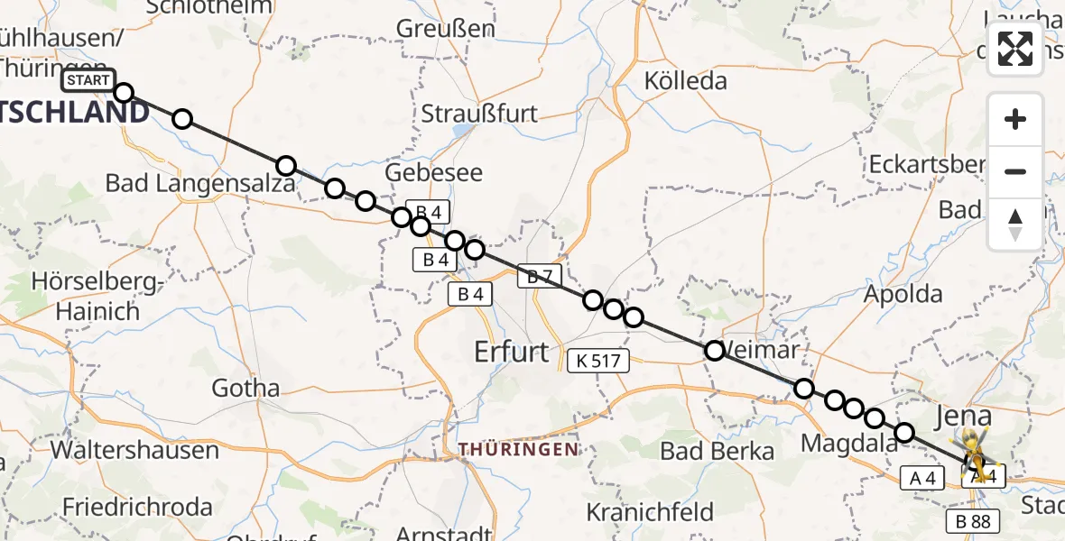 Flugroute Ambulanzhubschrauber Mühlhausen/Thüringen - Lobeda Hubschrauberlandeplatz, 28 Juli 2026, 15:06