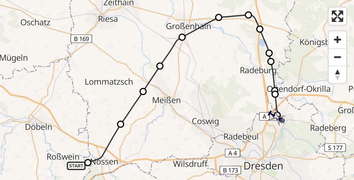 Flugroute Polizeihubschrauber Striegistal - Dresden Bundespolizei Hubschrauberlandeplatz, 28 Juli 2026, 15:09