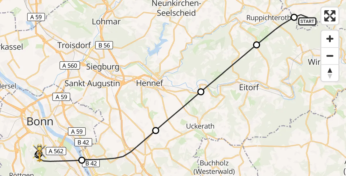 Flugroute Rettungshubschrauber Waldbröl - Bonn University Hospital, 28 Juli 2026, 15:14