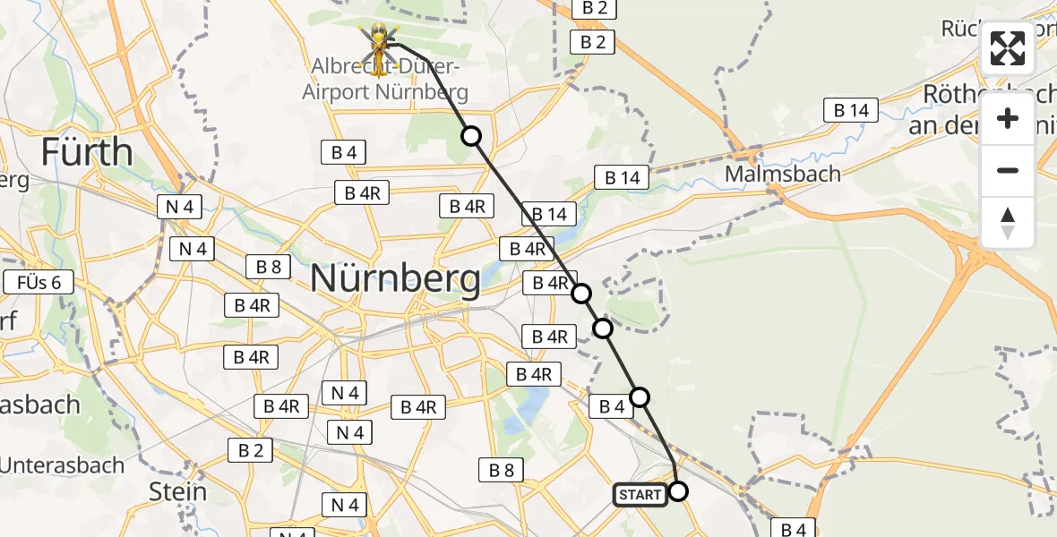 Flugroute Ambulanzhubschrauber Nürnberg South Hospital - Flughafen Nuremberg, 28 Juli 2026, 15:14