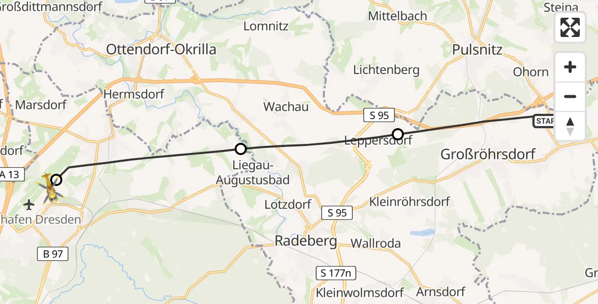 Flugroute Rettungshubschrauber Großröhrsdorf - Dresden Bundespolizei Hubschrauberlandeplatz, 28 Juli 2026, 15:17