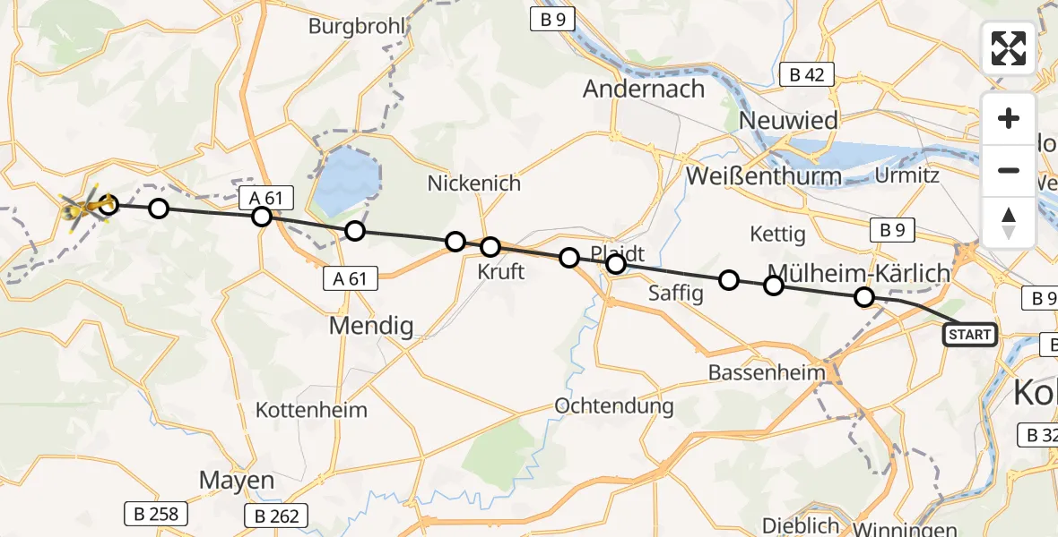 Flugroute Rettungshubschrauber Koblenz - Weibern, 28 Juli 2026, 15:20
