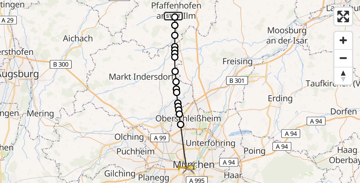 Flugroute Rettungshubschrauber Ilmtal Hospital Pfaffenhofen - München, 28 Juli 2026, 15:20