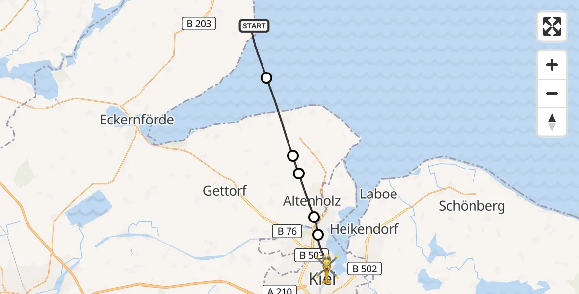 Flugroute Rettungshubschrauber Waabs - Kiel, 28 Juli 2026, 15:20
