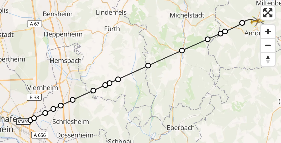 Flugroute Rettungshubschrauber Mannheim-City Flughafen - Weilbach, 28 Juli 2026, 15:22