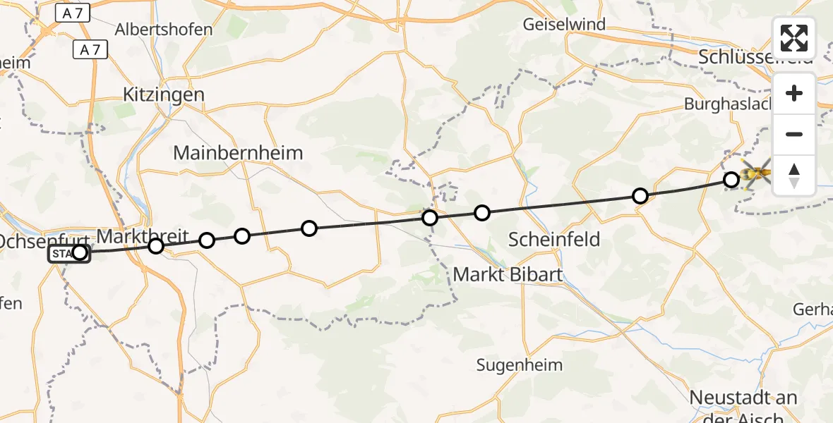 Flugroute Rettungshubschrauber Ochsenfurt Hospital - Vestenbergsgreuth, 28 Juli 2026, 15:31