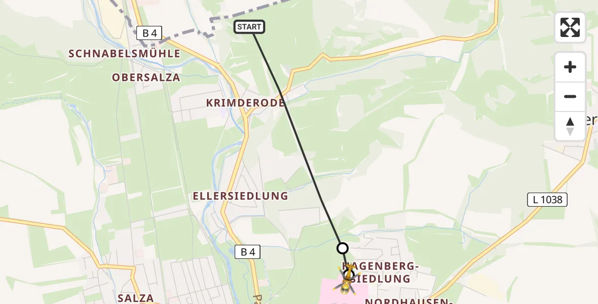 Flugroute Rettungshubschrauber Nordhausen - Südharz Hospital Nordhausen, 28 Juli 2026, 15:36